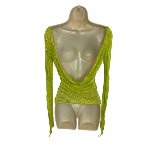 OW Collection MESHA Rhinestone Blouse in Cyber Lime Green NWT - Size S - Picture 3 of 11